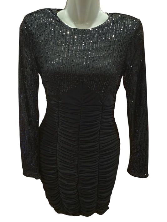 SHEIN BAE Black Sequin Ruched Bodycon Mini Dress Long Sleeve Size S Sparkly