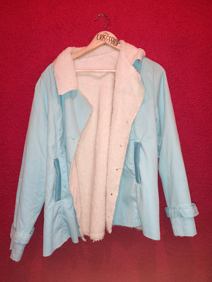 Pastel Light Blue Sherpa Fleece Lined Button Coat Jacket | Women's Size 5XL