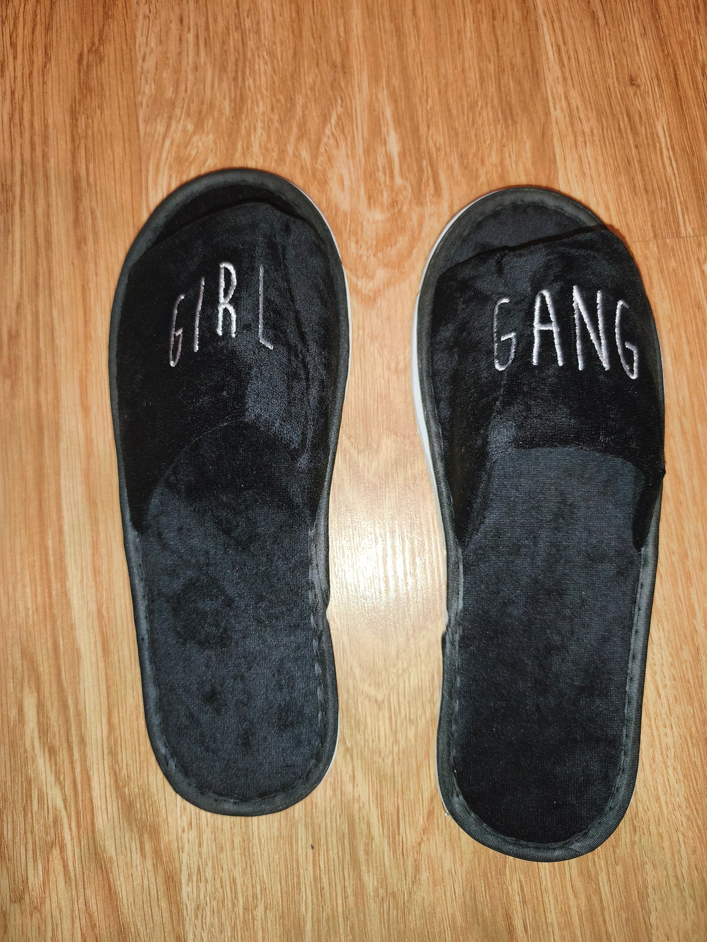 Black Velvet "GIRL GANG" Open-Toe Plush House Slippers