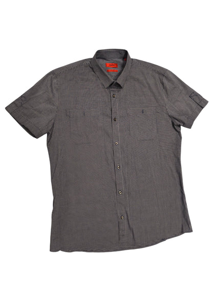HUGO Hugo Boss Slim Line Men's Shirt L Short Sleeve Micro Check Navy Blue White