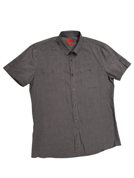 HUGO Hugo Boss Slim Line Men's Shirt L Short Sleeve Micro Check Navy Blue White