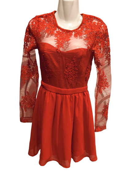Missguided Red Lace Long Sleeve Mini Dress Fit & Flare Party Occasion