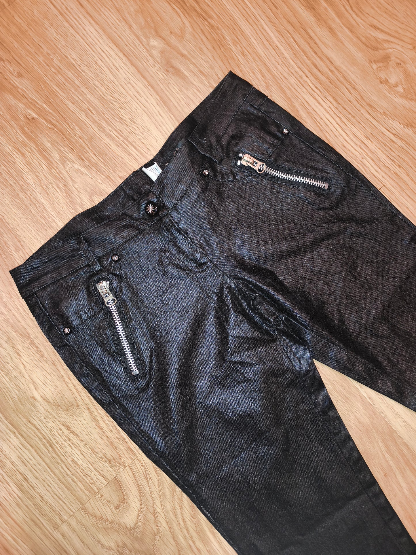 Vintage Y2K Coated Black Zip Pants – Cyber Grunge Punk Waxed Denim (Size 13 / XS-S)