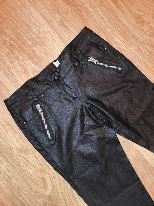 Vintage Y2K Coated Black Zip Pants – Cyber Grunge Punk Waxed Denim (Size 13 / XS-S)
