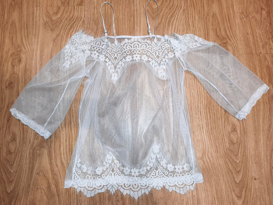 White Sheer Lace Off-Shoulder Top with Bell Sleeves & Cami Straps - Size M/L