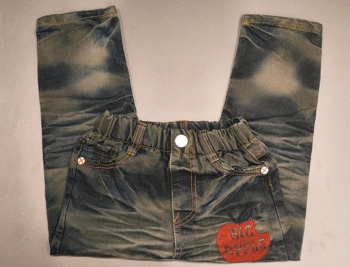 Kids Vintage Style Distressed Acid Wash Jeans with "BIG APPLE" Patch & Contrast Stitching (Tag Size 20)