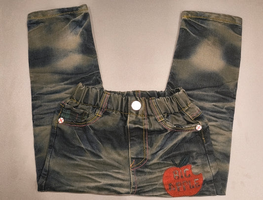 Kids Vintage Style Distressed Acid Wash Jeans with "BIG APPLE" Patch & Contrast Stitching (Tag Size 20)