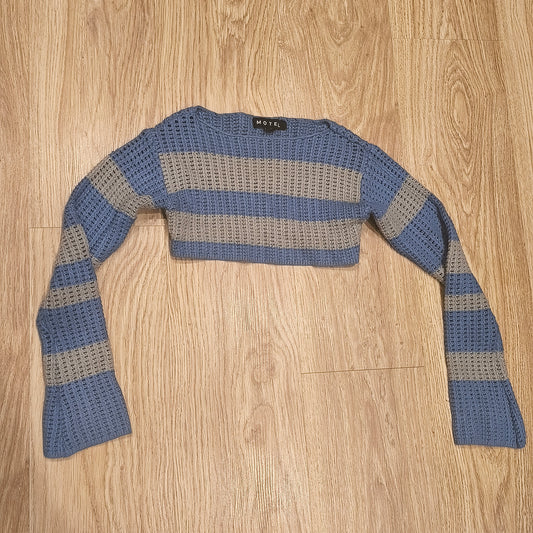 Motel Striped Knit Cropped Sweater Top Womens XS Blue Grey Long Sleeve
