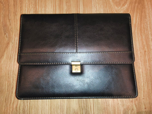 Vintage 80s 90s Black Faux Leather Portfolio Document Case Business Organizer Padfolio Push Lock