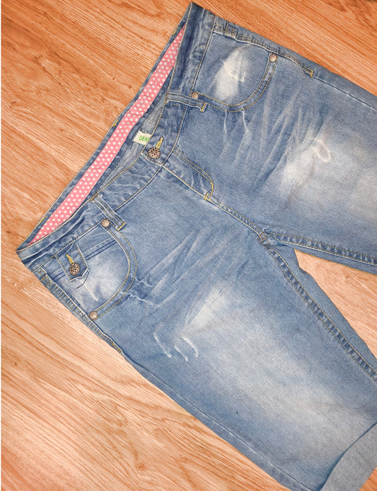 Vintage Denim Co. Light Wash Jean Shorts with Pink Polka Dot Trim – EUR 44 / UK 16