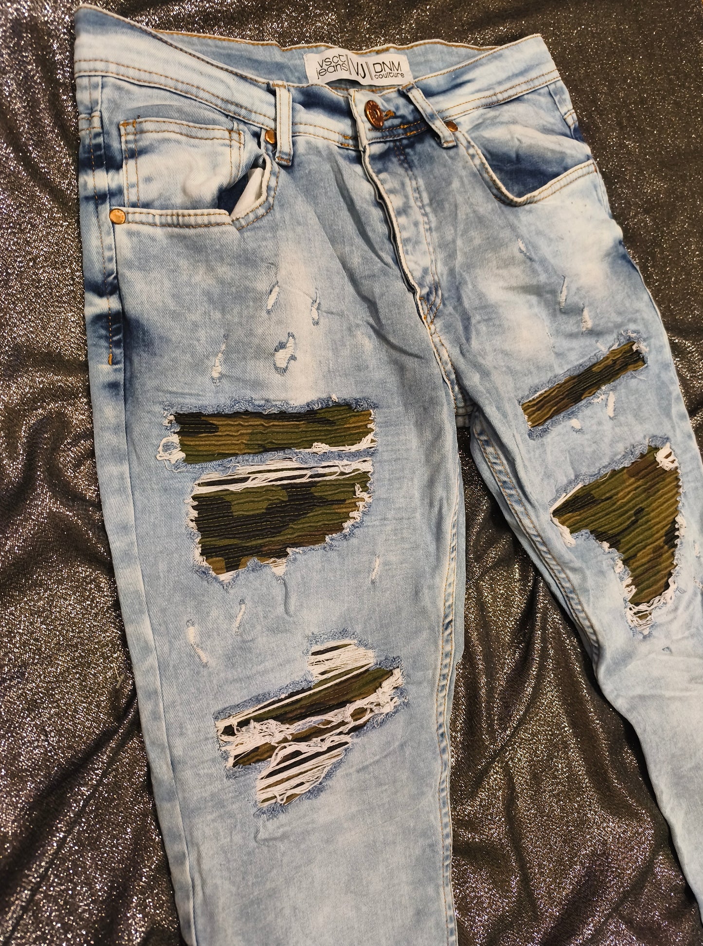 VSCT Jeans DNM Couture Distressed Biker Jeans Light Wash Camo Inlay Mens G31x32