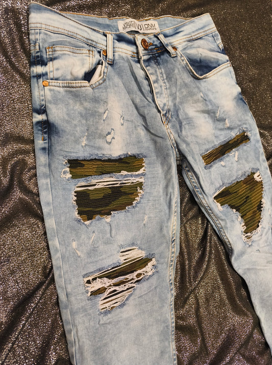 VSCT Jeans DNM Couture Distressed Biker Jeans Light Wash Camo Inlay Mens G31x32