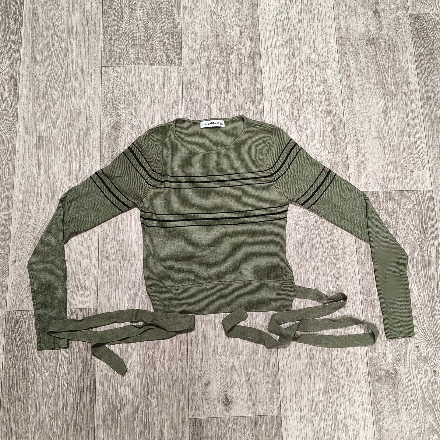 ZARA KNIT Women Large Green Striped Ribbed Long Sleeve Tie Waist Sweater Top