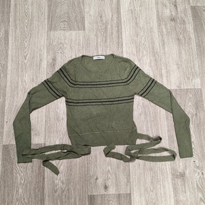 ZARA KNIT Women Large Green Striped Ribbed Long Sleeve Tie Waist Sweater Top