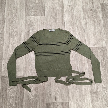 ZARA KNIT Women Large Green Striped Ribbed Long Sleeve Tie Waist Sweater Top