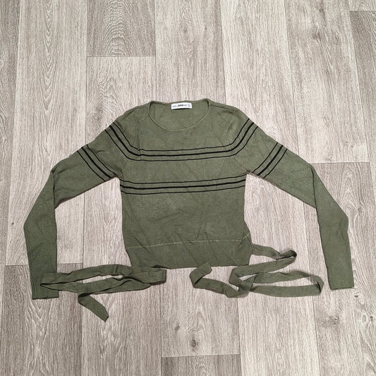 ZARA KNIT Women Large Green Striped Ribbed Long Sleeve Tie Waist Sweater Top