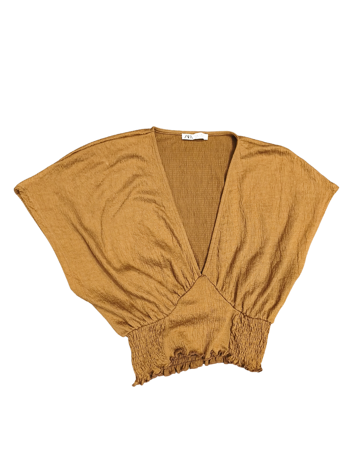 ZARA Ochre Textured Smocked Waist Top – V-Neck Batwing Sleeve – Size M – EUC