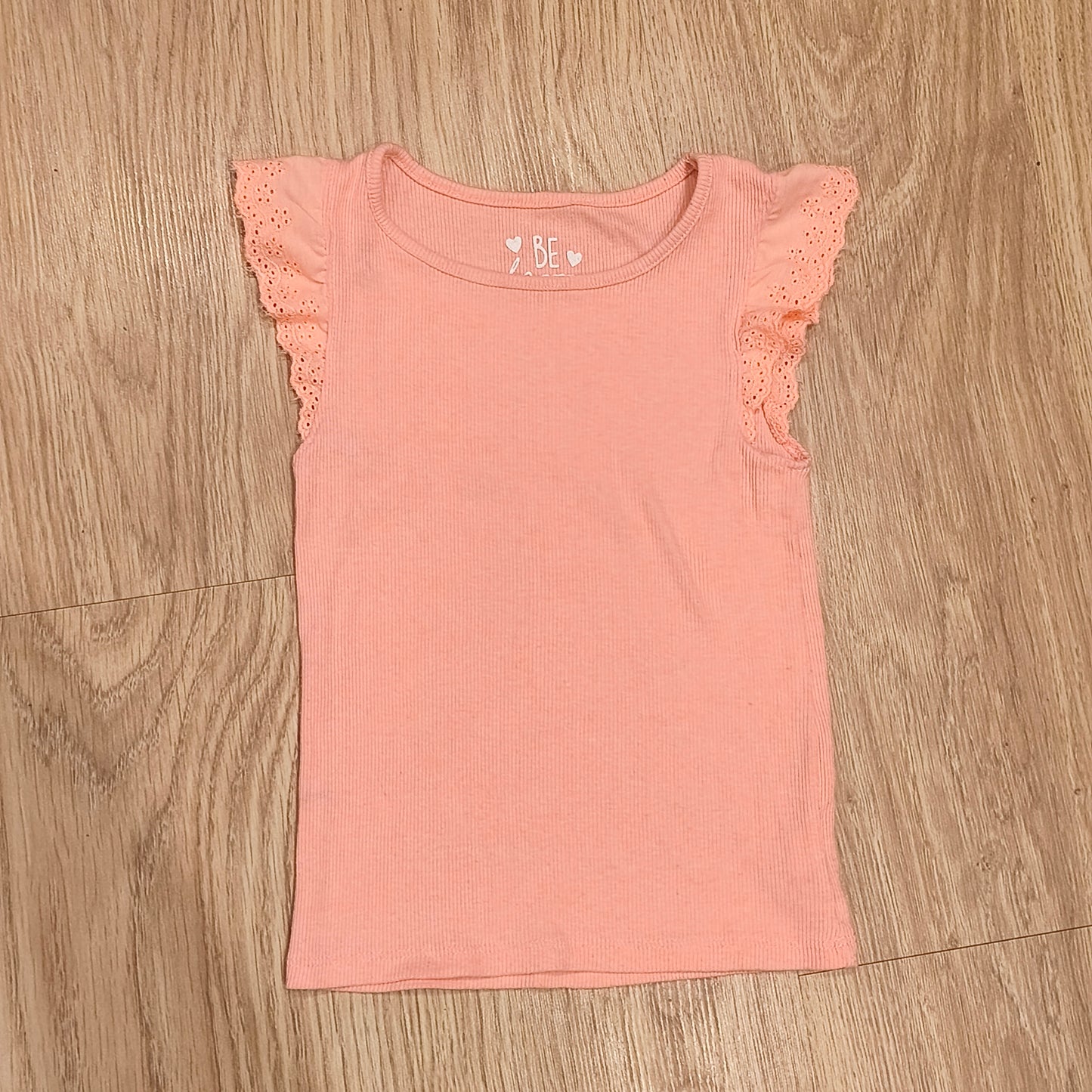 F&F Girls Pink Ribbed Flutter Sleeve Eyelet Top Shirt Size 5-6 Years