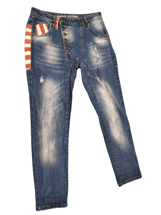 RAINBOW Boyfriend Jeans Blue Distressed American Flag Stars Stripes Size EUR 38