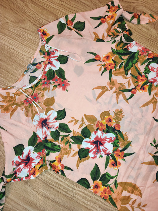 Peacocks Floral Print Tie-Sleeve Blouse – Peach & Multicolour, Size UK 10