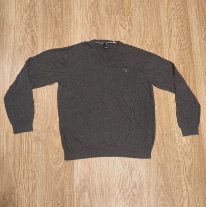 GANT Premium Cotton V-Neck Sweater Mens 2XL Charcoal Grey Knit Pullover Logo