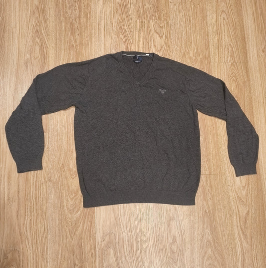 GANT Premium Cotton V-Neck Sweater Mens 2XL Charcoal Grey Knit Pullover Logo