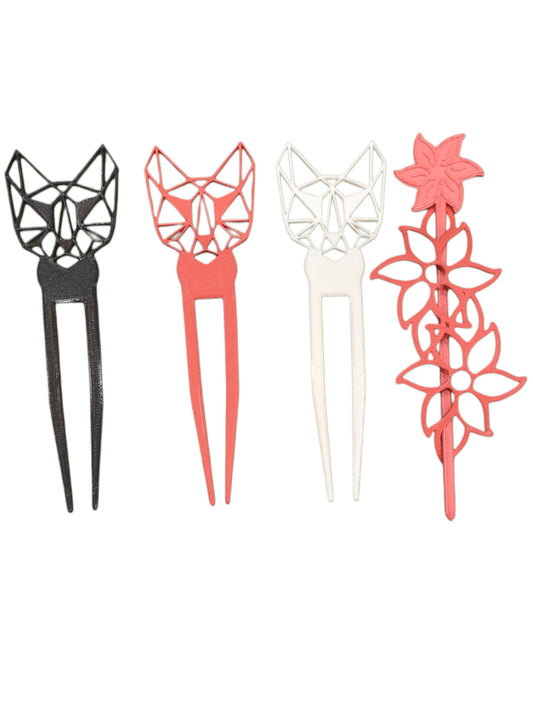 4x 3D Printed Hair Forks - Geometric Fox & Floral Designs Lightweight Hair Pins