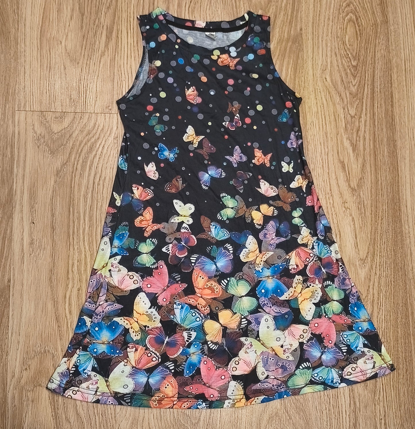 Girls Butterfly Print Sleeveless Tank Dress A-Line Polka Dot Black Size 140