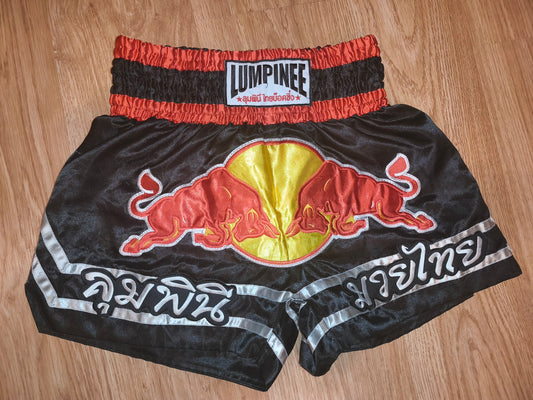Authentic Lumpinee Muay Thai Shorts Black & Red Bull Patch – Size L