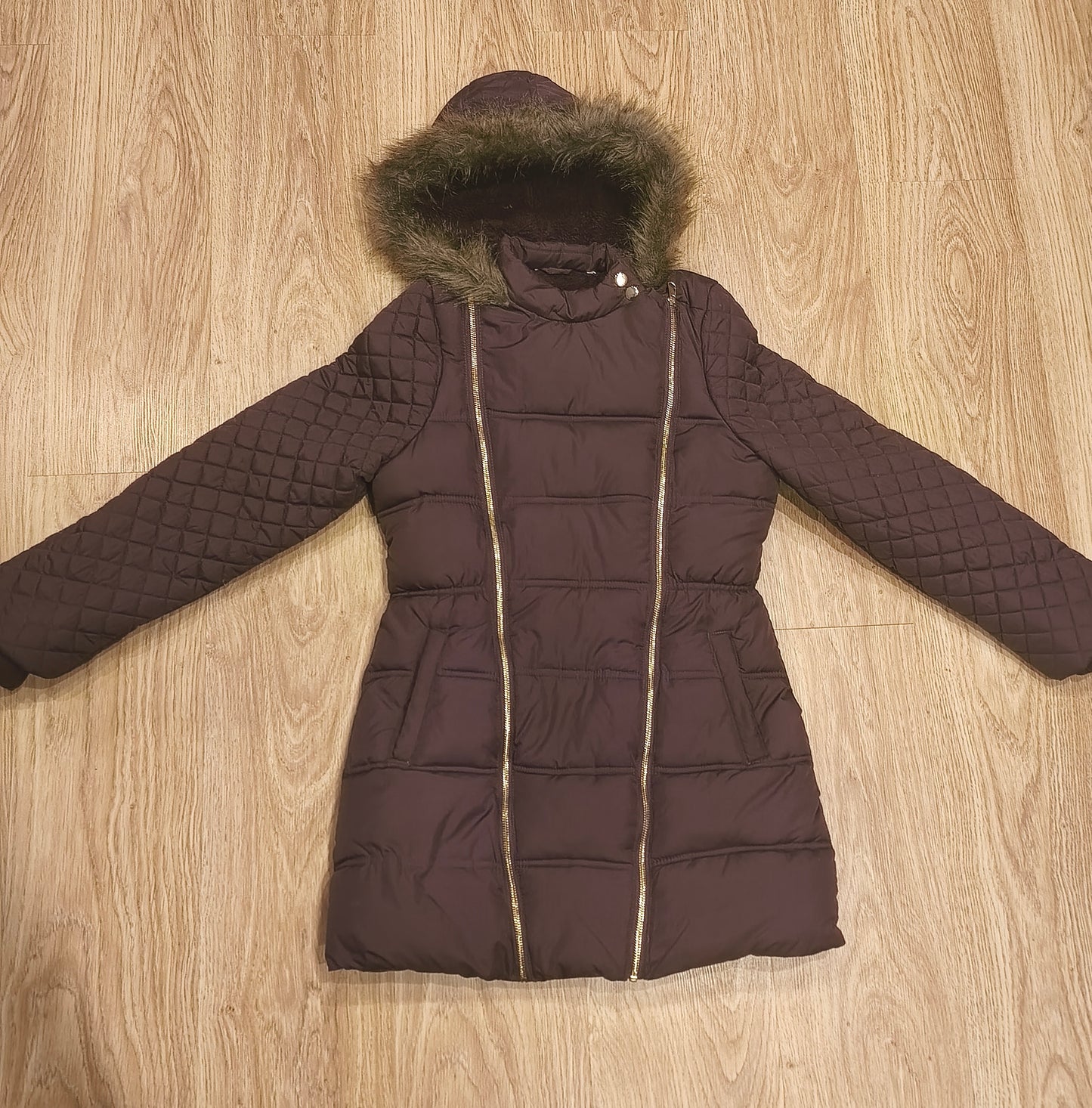 Girls Puffer Coat Hooded Faux Fur Fleece Lined Quilted Winter Jacket 13-14 YRS