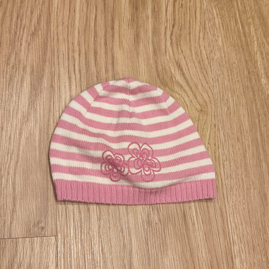 Girls Pink White Striped Knit Beanie Hat Embroidered Flower Winter Spring Cap