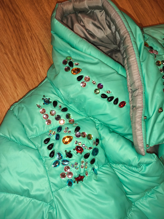 Qi Hong Yun Embellished Puffer Jacket - Mint Green/Teal Gem Accent (Size XXL / fits L-XL)