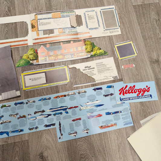 Vintage Kellogg's 1960's Garage Cardboard Model Set & Land Speed Record Chart