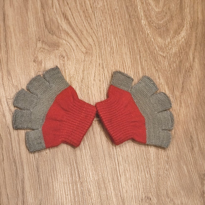 Red Grey Knit Fingerless Gloves Colorblock Wrist Warmer Mittens