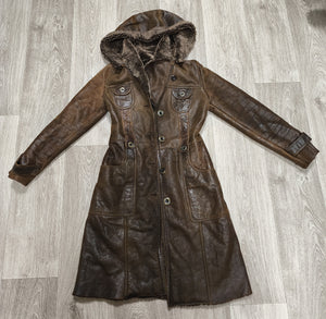 Vintage BISON Womens Sheepskin Shearling Coat Long Hooded Brown Size 36 S Boho