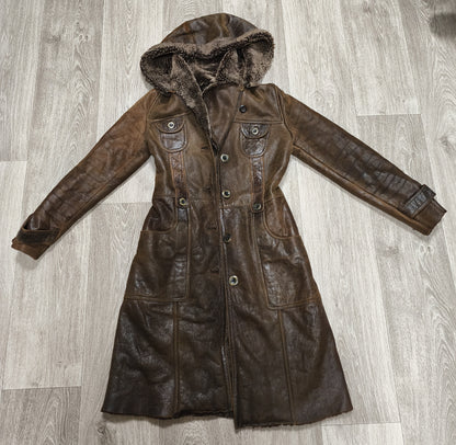 Vintage BISON Womens Sheepskin Shearling Coat Long Hooded Brown Size 36 S Boho