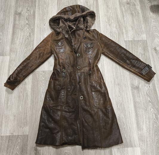 Vintage BISON Womens Sheepskin Shearling Coat Long Hooded Brown Size 36 S Boho