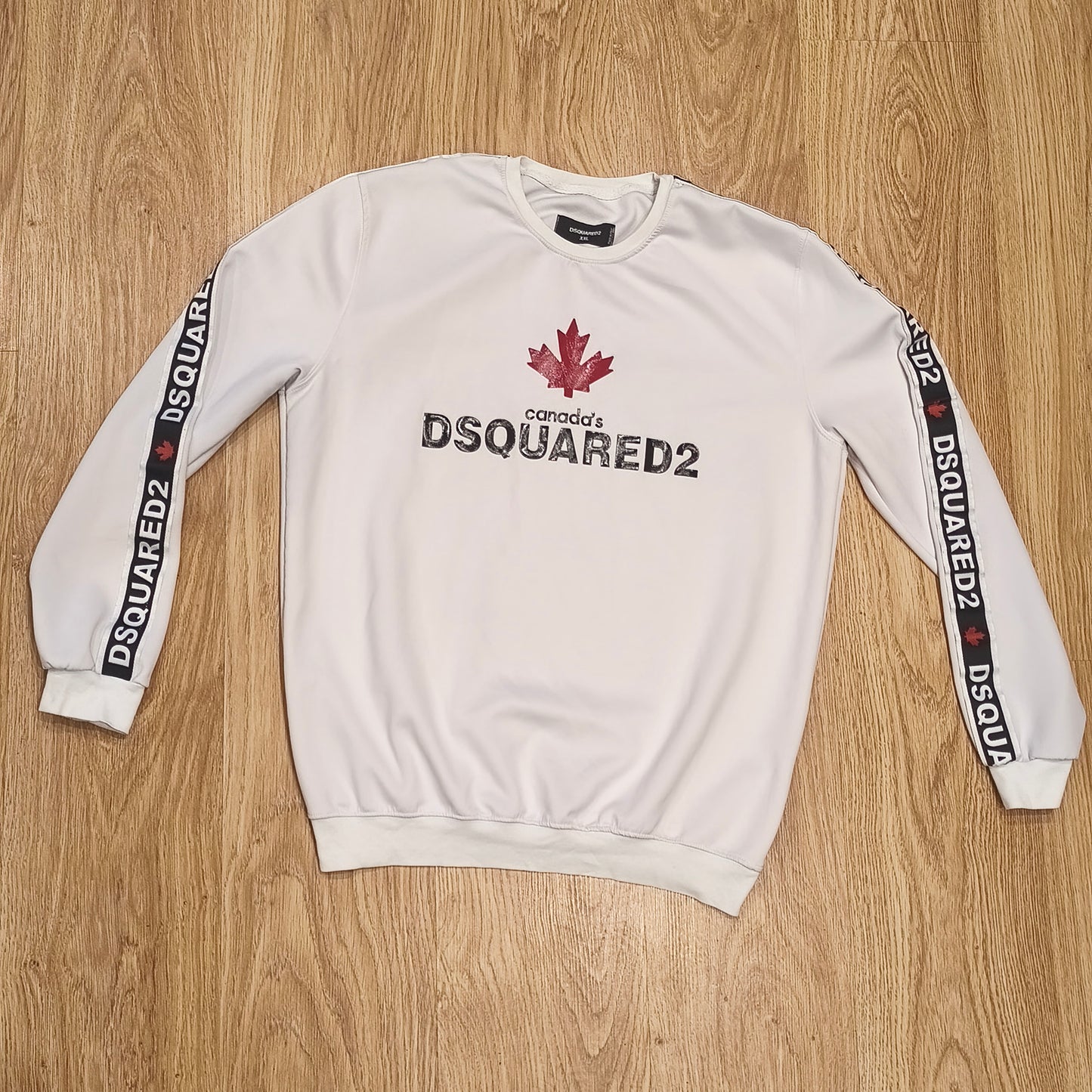 Dsquared2 Men's XXL White Sweatshirt Pullover Canada Tape Logo Sleeve Crewneck