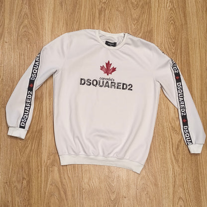 Dsquared2 Men's XXL White Sweatshirt Pullover Canada Tape Logo Sleeve Crewneck