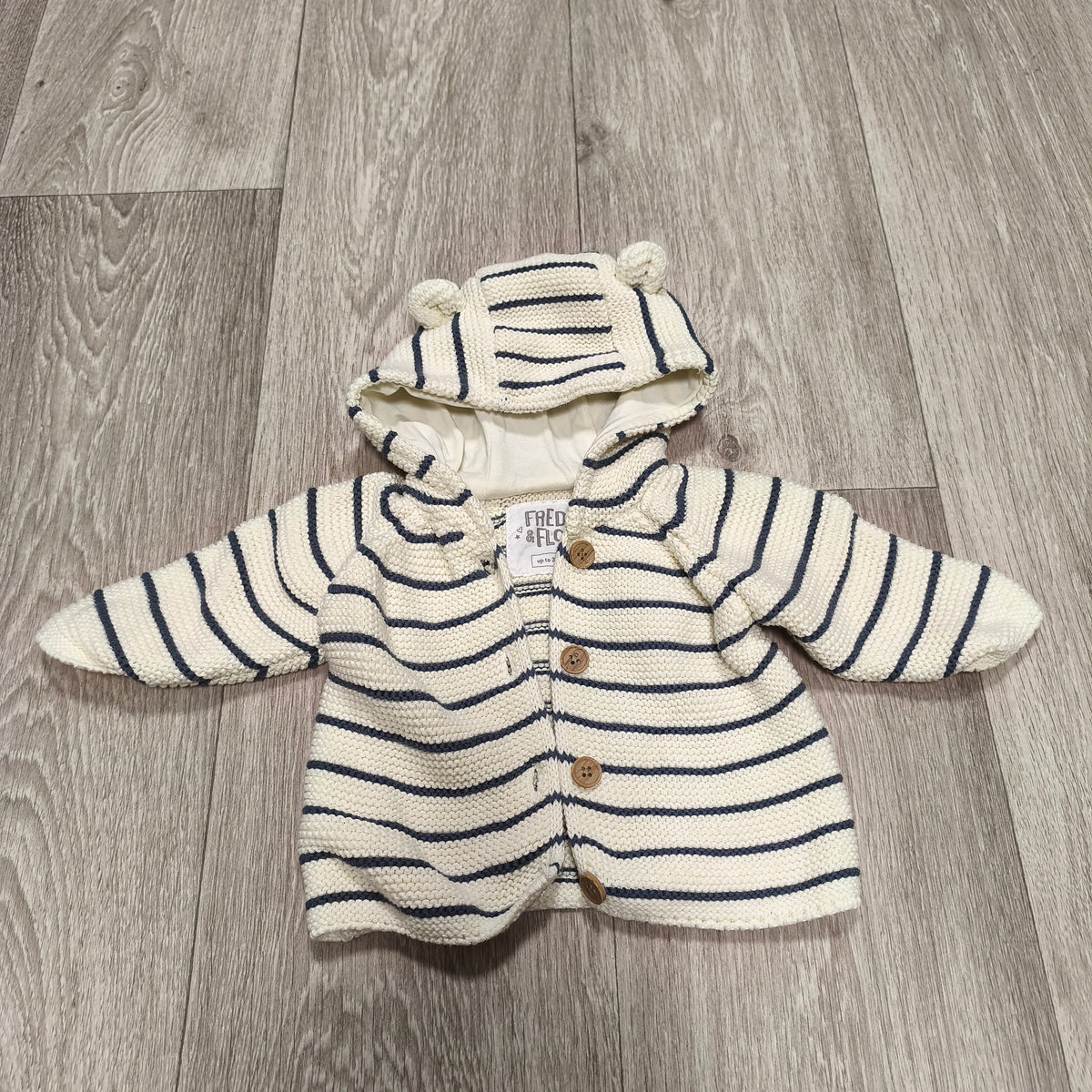 Fred & Flo Baby Hooded Knit Cardigan Jacket Striped Cream Blue Up To 3 Months