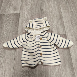 Fred & Flo Baby Hooded Knit Cardigan Jacket Striped Cream Blue Up To 3 Months