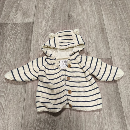 Fred & Flo Baby Hooded Knit Cardigan Jacket Striped Cream Blue Up To 3 Months