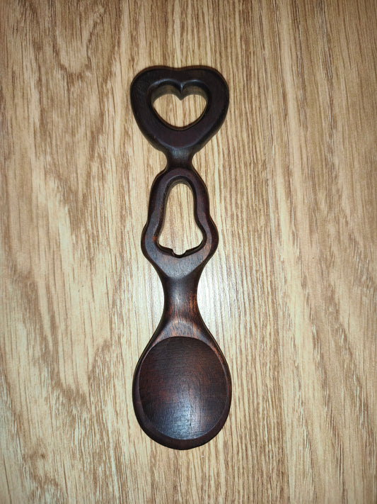 Vintage Hand-Carved Wooden Welsh Love Spoon – Heart & Bell Folk Art Decor
