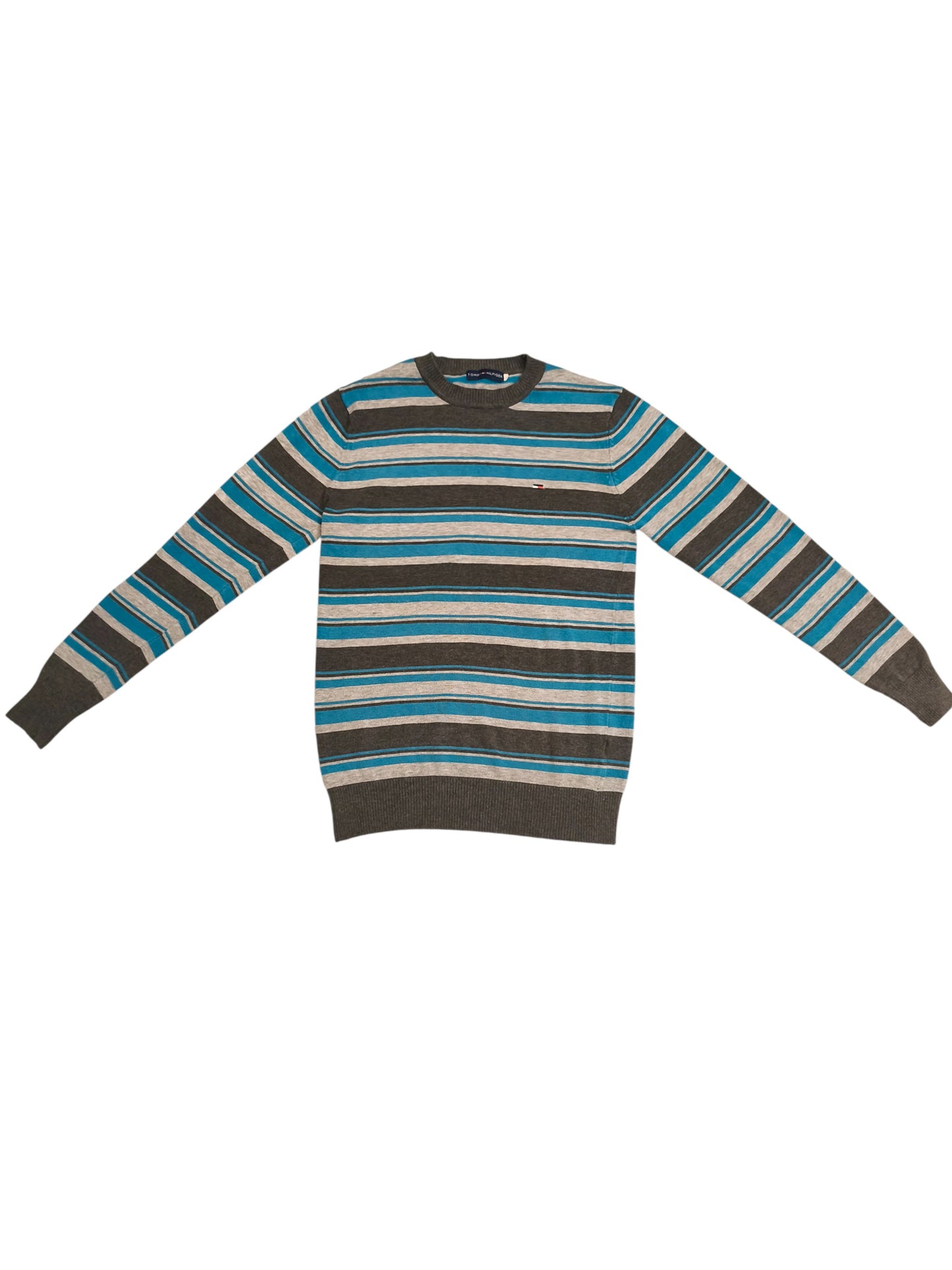 Tommy Hilfiger Men’s Striped Sweater Blue Gray Crew Neck Cotton Size L