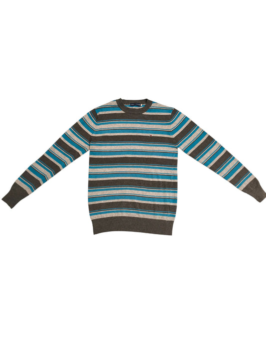Tommy Hilfiger Men’s Striped Sweater Blue Gray Crew Neck Cotton Size L