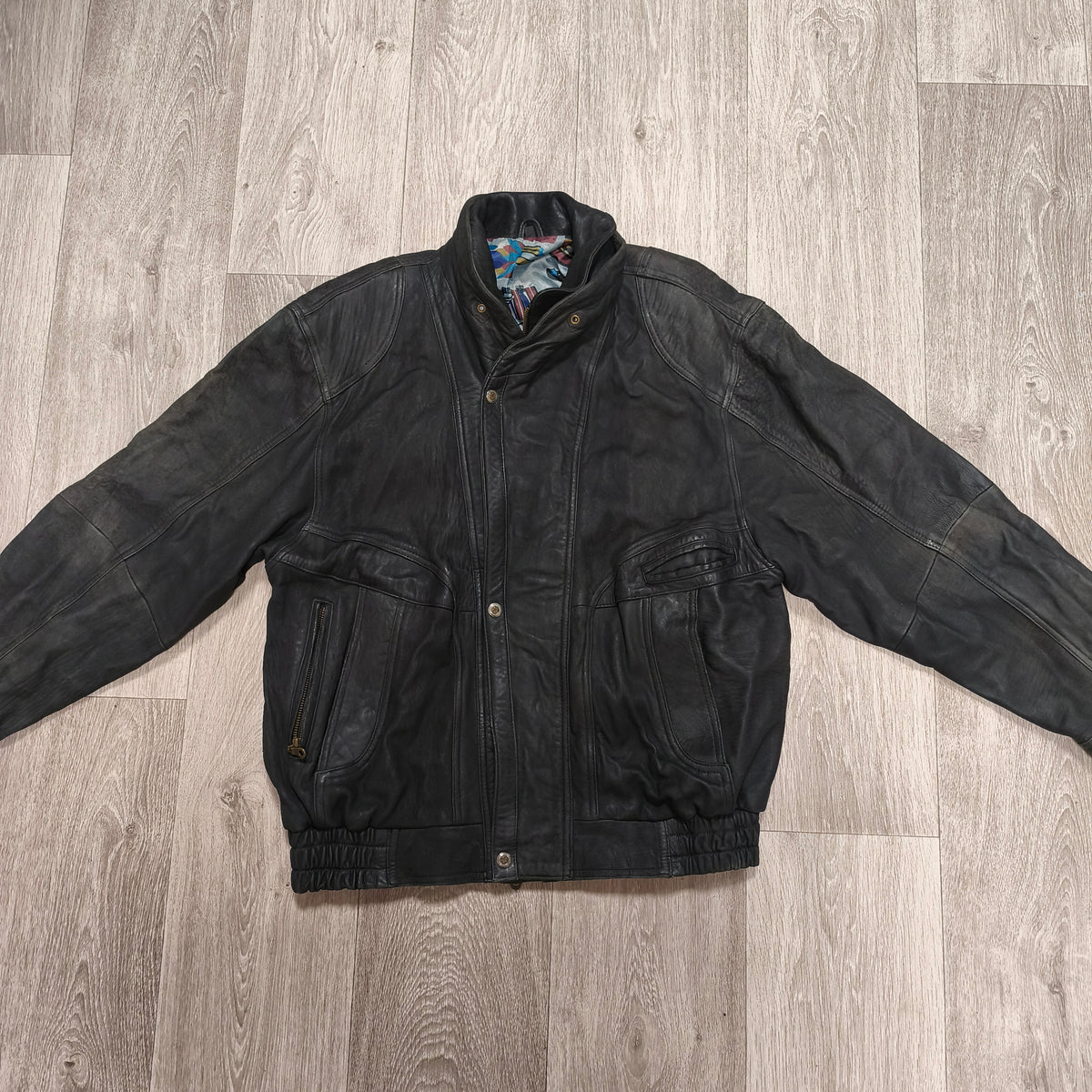 Vintage Black Leather Bomber Jacket Egyptian Art Lining Size 52