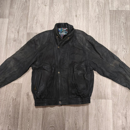 Vintage Black Leather Bomber Jacket Egyptian Art Lining Size 52