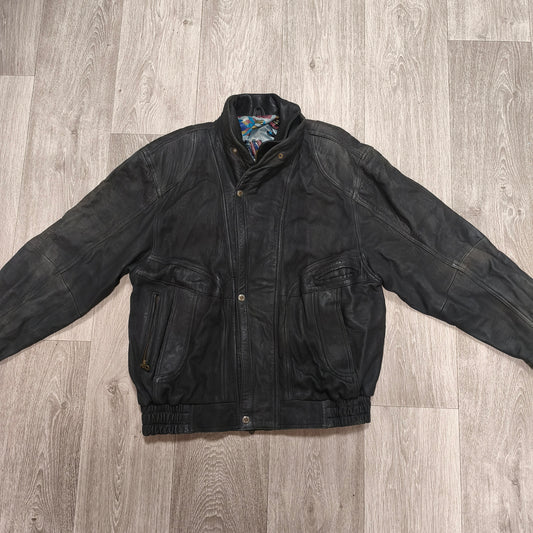 Vintage Black Leather Bomber Jacket Egyptian Art Lining Size 52