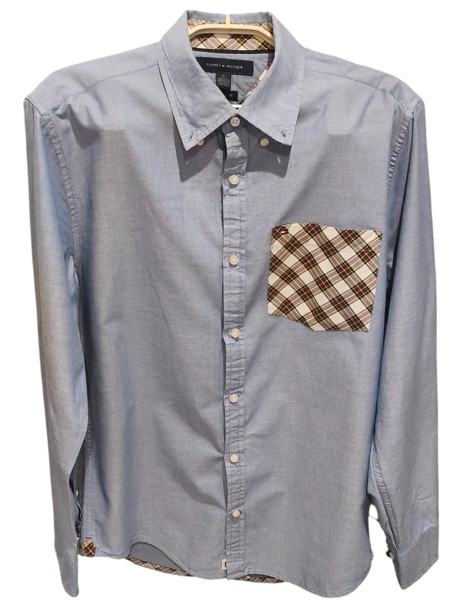 Tommy Hilfiger Shirt Mens Medium Blue Oxford Plaid Elbow Patches New York Fit
