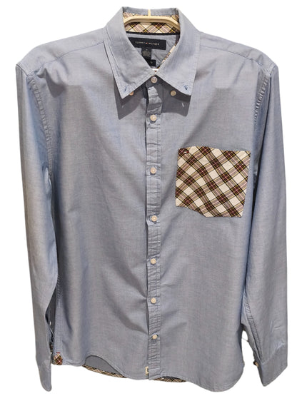 Tommy Hilfiger Shirt Mens Medium Blue Oxford Plaid Elbow Patches New York Fit